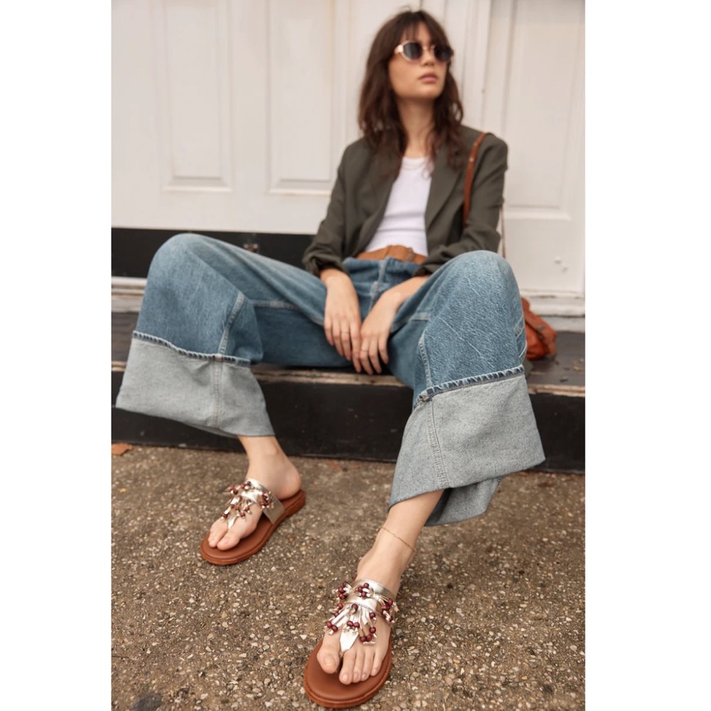 Free People Sadie Fringe Gold Metallic Sandals New! - Picture 8 of 14
